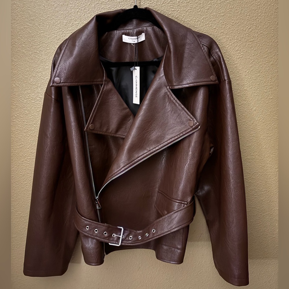Commense Brown Leather Moto Jacket